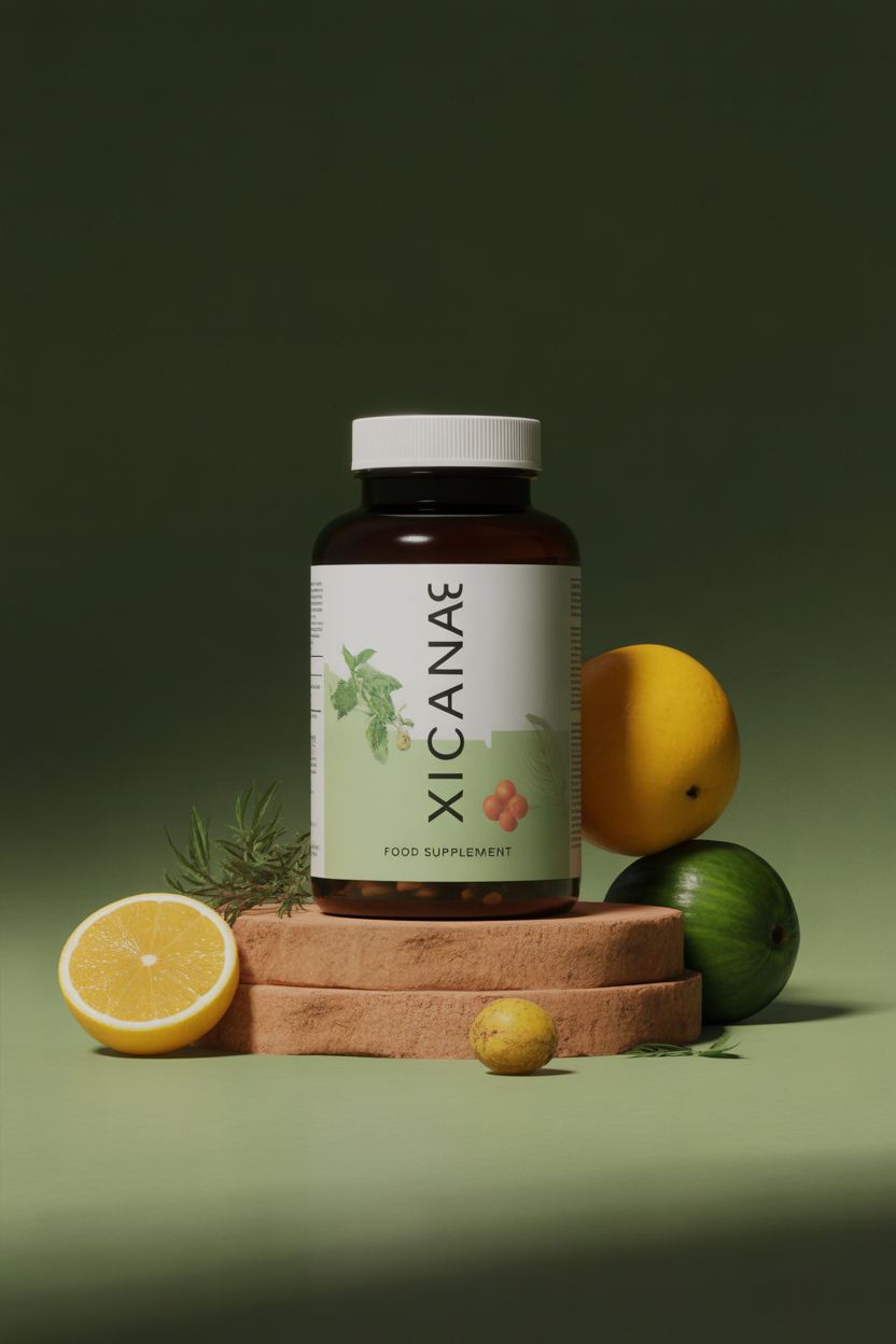 Balanciax food supplement bottle graphic on a dark studio background